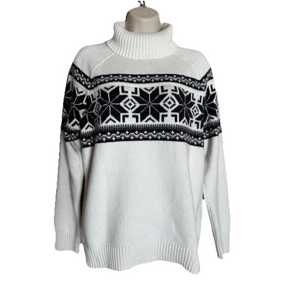 Lands End Sweater-Pullover-Fair Isle Turtleneck-Ivory, Cotton Blend-Medium - Picture 2 of 9